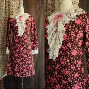 Vintage 1960s Dress, Brown and Pink Floral Print with Lace Ruffle Front, Mod